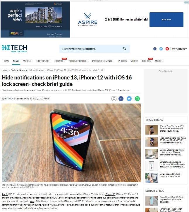 HT Tech Website - Article Advertising