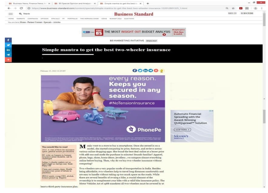 Business Standard Article Advertising