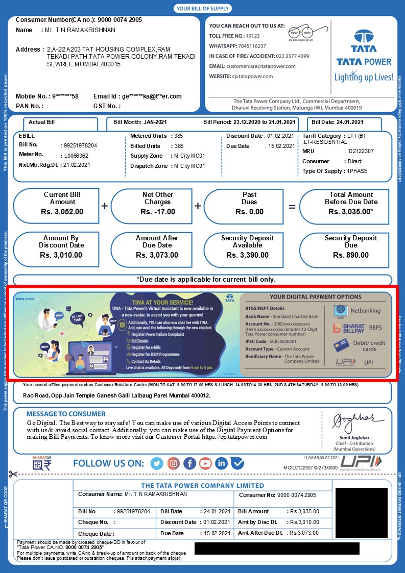 Electricity Bills - Tata Power Front Space Bill