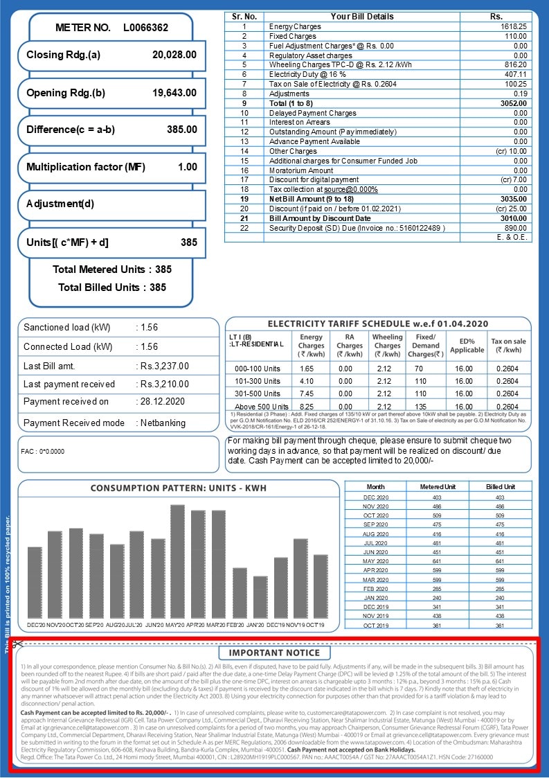 Electricity Bills - Tata Power Back Space Bill