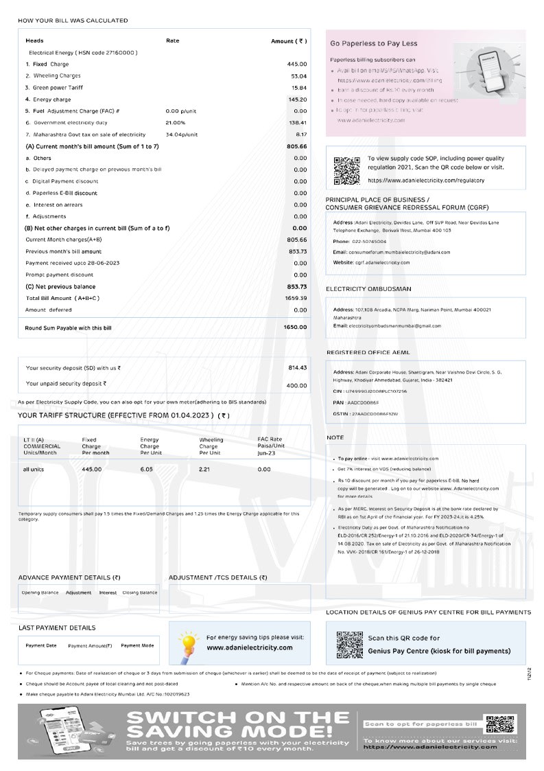 Electricity Bills - Adani Power Bill Back Space